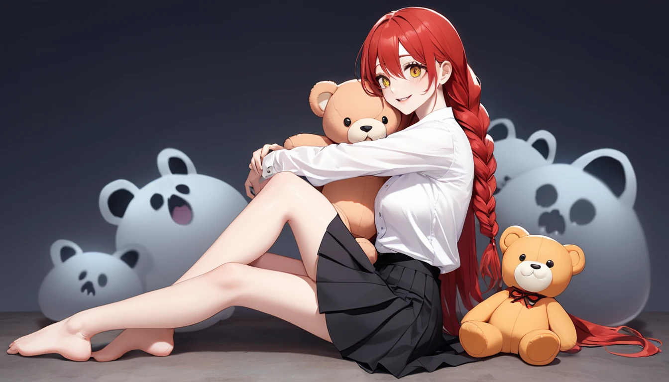hand, hand, long hair, รอยsmile, smooth, small breasts, (yellow eyes:1.2), long hair, red hair, braided ponytail, big eyes,นั่วHug a teddy bear,sexy,full body,Sitting position,Hug a teddy bear,smile,flirt,grave background,ghost,วิญญาณ
Take a break shirt, long sleeve, white shirt, dress shirt, skirt, black skirt, It's official., suit, black nightie, lady,
Take a break (Masterpiece:1.2), best quality, high resolution, Harmony wallpaper 8K, (illustration:0.8), (Beautifully detailed eyes:1.6), Very detailed face, perfect lighting, The CG is very detailed., (handที่สมบูรณ์แบบ, perfect anatomy),
