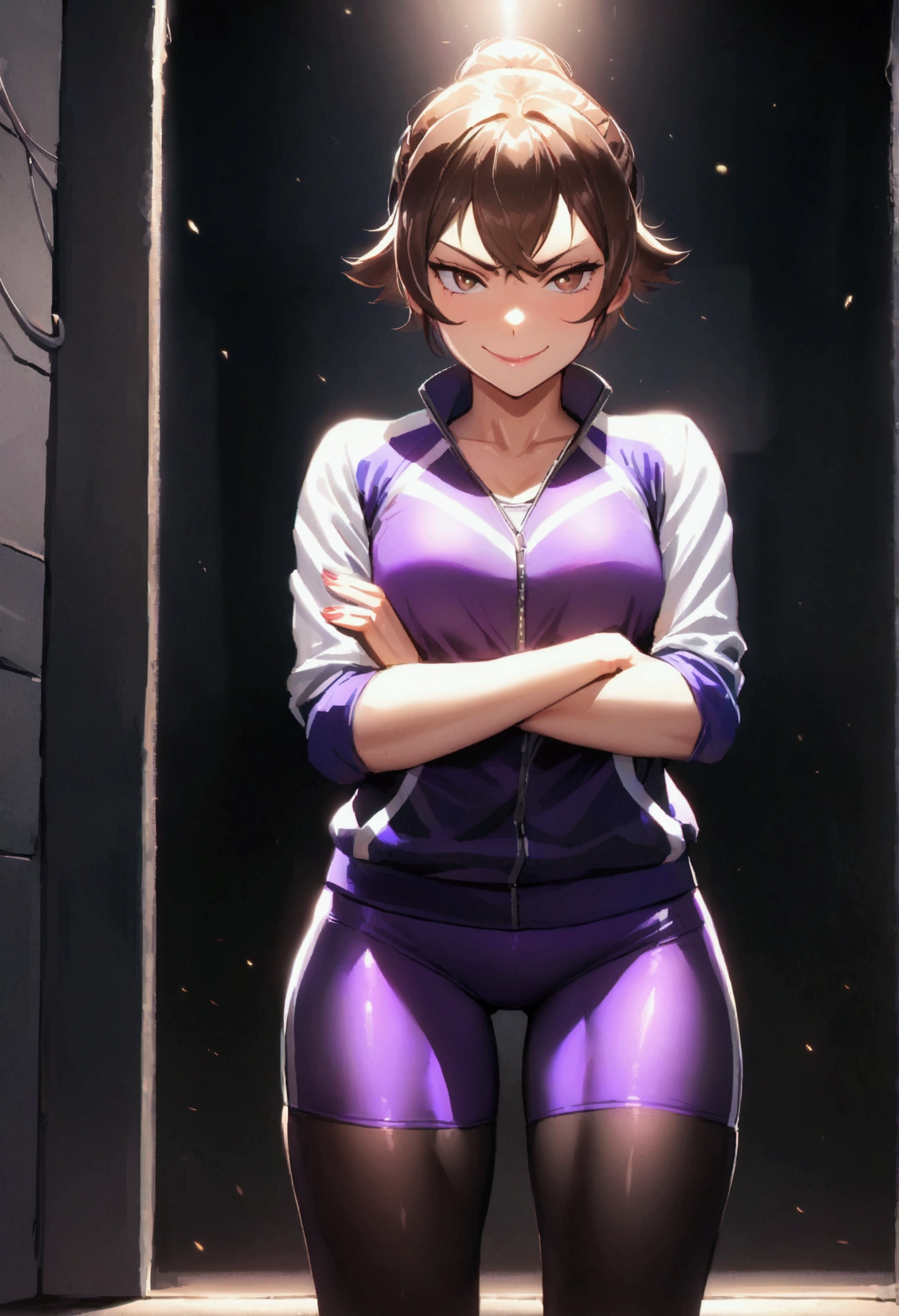 chun li,beautiful young fitness woman with , in a gym wearing May with black pantyhose, tight white and purple gym jacket. standing alone,Beautiful Tits, low lighting,ssmile ,legging preto