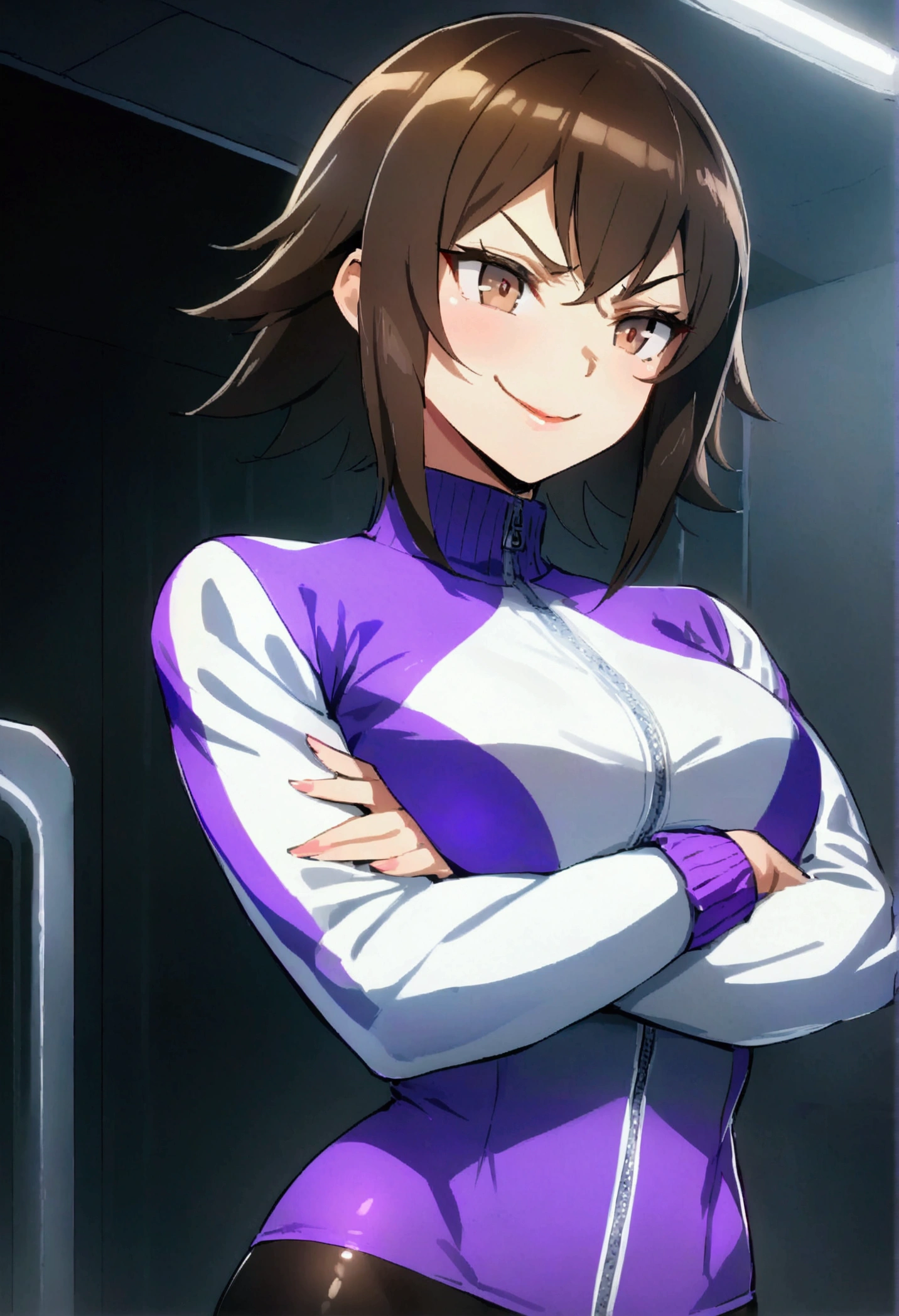 beautiful young fitness woman with , in a gym wearing May with black pantyhose, white and purple fitted gym jacket. standing alone, body hair,shiny brown eyes,Evil smile,legging preto aura roxa,crossed arms