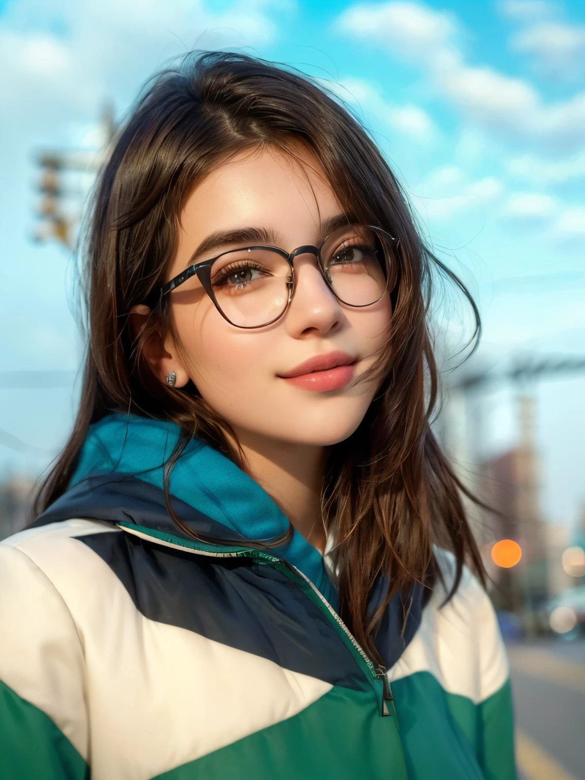 there is a smiling woman with glasses standing on a street corner, thick - rimmed glasses, with glasses, girl with glasses, profile image, thick glasses, portait photo profile picture, in square-rimmed glasses, cute beautiful, beuatiful face, good looking face, profile pic, beautiful look, attractive girl, beautiful cute, portrait sophie mudd, dua lipa, dasha taran, yelena belova, angelina stroganova, viktoria gavrilenko, alina ivanchenko, russian girlfriend, ekaterina, pale eyes