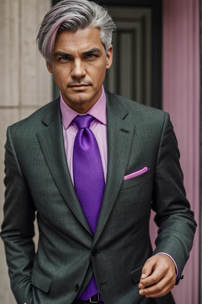 Boy,gray hair,messy,eye1 green,eye2 pink,wear a black suit,purple necktie
