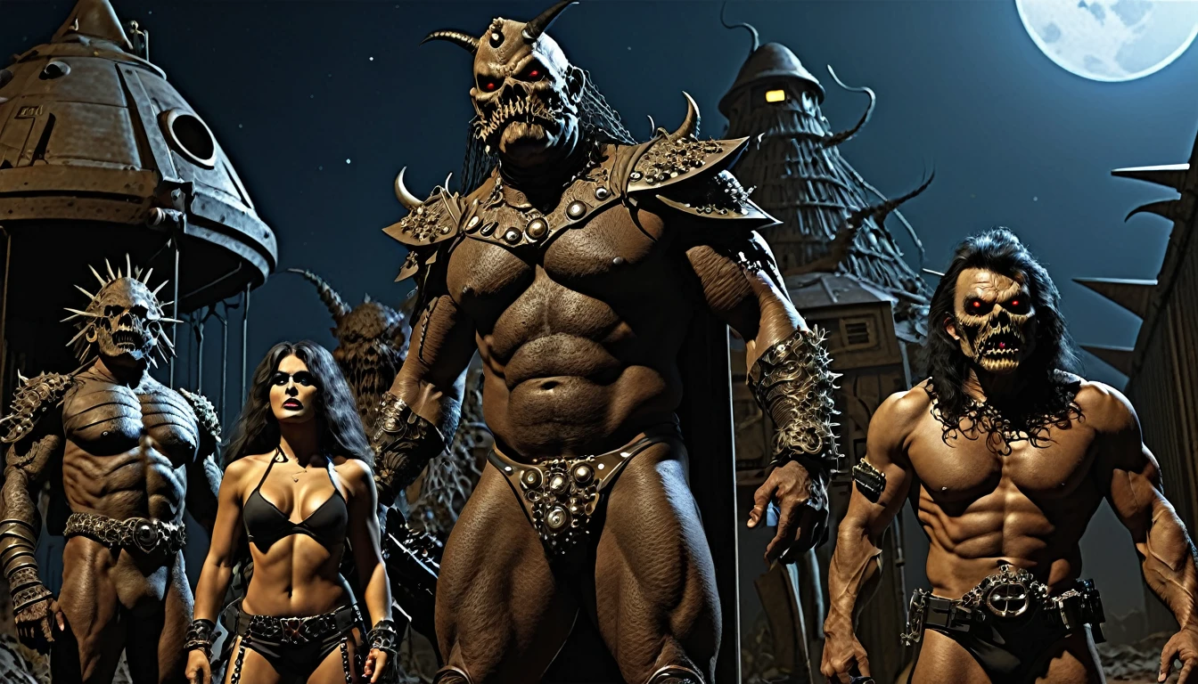 in (medium full shot:3.1) in (back view:3.1) of lot of characters from a movie for slave girls from beyond infinity, inspired by Clyde Caldwell and Ed Emshwiller, futuristic apocalypse, stalenhag, metal album cover, gwar, heavy metal band promo, wayne barlowe pierre pellegrini, (with Creepy, Sci-Fi, Fantasy and Horror:2.9) retro sci fi, Horror movie, very detailed body, moody, epic, terrified, insane, disgusting, disturbing, Impactful, shot on Kodak Vision3, (intricate details:2.4), (hyperdetailed:3.1), (8k resolution:3.1), (high detailed:4.1), lot of detailed, high quality, soft (cinematic:3.3) light, dramatic atmosphere, atmospheric pespective, (impactful art:2.8), rich colors, 3d rendering