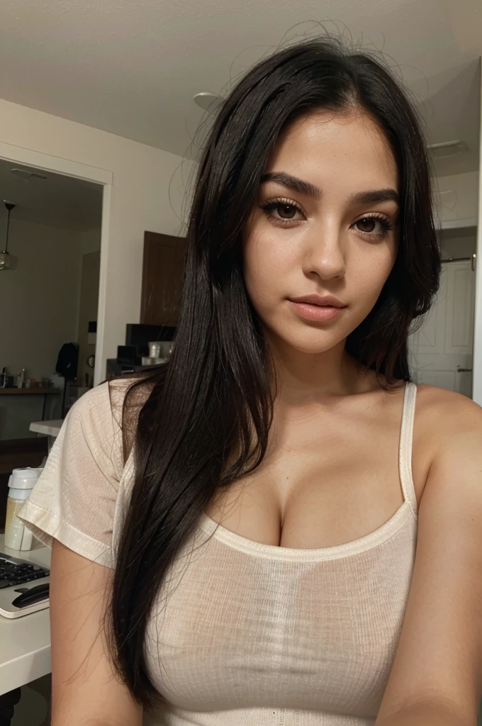 She takes a selfie. She is holding her credit card in her right hand. A beautiful young woman in her twenties, with Latino features. She has long, straight black hair that falls loosely over her shoulders. Her face has soft and balanced contours. She has large, well-defined dark brown eyes with long, thick eyelashes and well-arched black eyebrows. His nose is straight and slightly refined, proportionate to his face. Her lips are full and defined, with a natural color, and they are closed, contributing to her neutral expression. Her skin is matte, smooth and without visible imperfections. She is dressed properly.