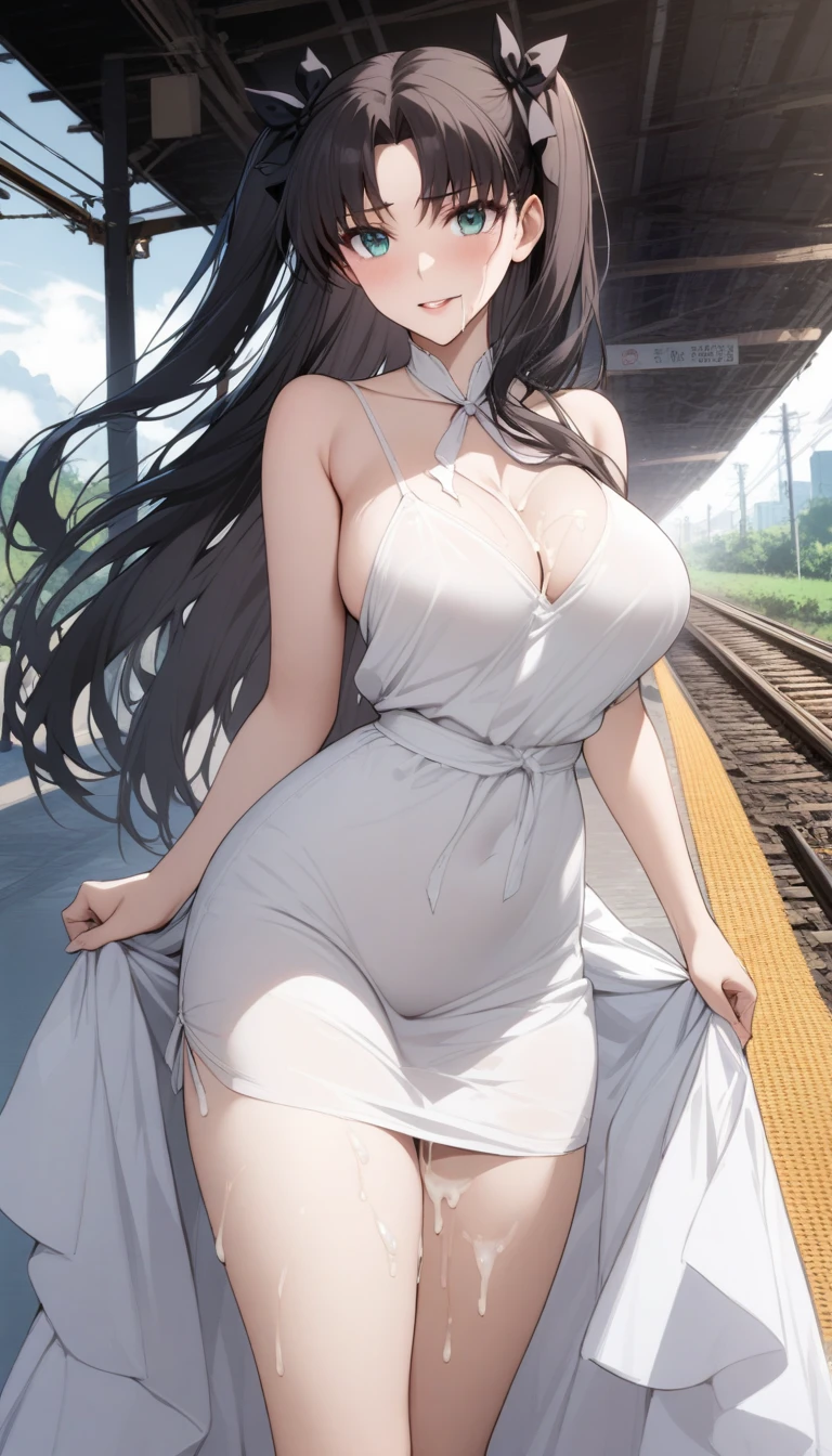 masterpiece, best quality, very aesthetic, absurdres, 1girl, mature_lady,white_dress,(cum_on_body:1.2),,tohsaka_rin, fate/stay_night, fate_(series), 1girl, aqua_eyes, black_hair, two_side_up, long_hair,black hair_ribbon,,by the railway,floating_clothes,