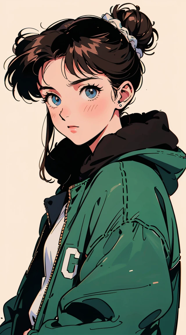 Best image quality, 90s style anime, 21 year old girl, Brown Hair, Long hair in a bun at the back, Gentle eyes, Wearing a loose parka, 90s fashion, White Background, 