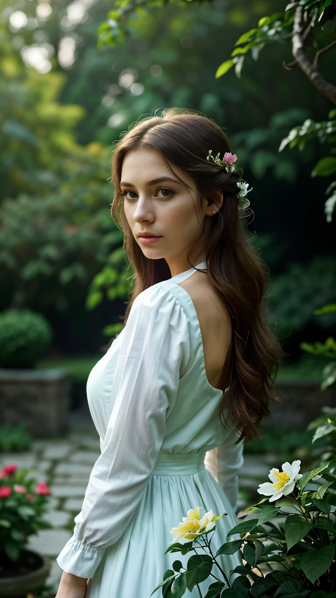 a girl in a garden, 1girl, beautiful detailed eyes, beautiful detailed lips, extremely detailed eyes and face, long eyelashes, elegant dress, white dress, soft lighting, warm lighting, low key lighting, chiaroscuro lighting, dramatic lighting, backlit, side lit, front lit, cinematic lighting, photorealistic, high quality, masterpiece, ultra-detailed, hyperrealistic, vibrant colors, detailed coloring, intricate details, lifelike, sharp focus, volumetric lighting, atmospheric lighting, natural lighting, glowing skin, flawless skin, porcelain skin, realistic hair, flowing hair, beautiful hair, gorgeous, serene, elegant, graceful, peaceful, tranquil, contemplative, pensive, dreamy, soft focus, depth of field, cinematic composition, dramatic composition, intricate background, lush foliage, vibrant flowers, picturesque garden, magical realism, surreal, atmospheric, ethereal, fantastical