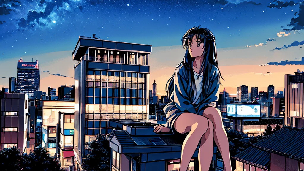 octans, sky, star (sky), scenery, starry sky, night, 1girl, night sky, solo, outdoors, building, cloud, sitting, tree, long hair, city, silhouette, cityscape,City from a distance, tokyo, city billboard, the sky,20 year old sexy girl　横が　From the roof of the building　Many buildings
