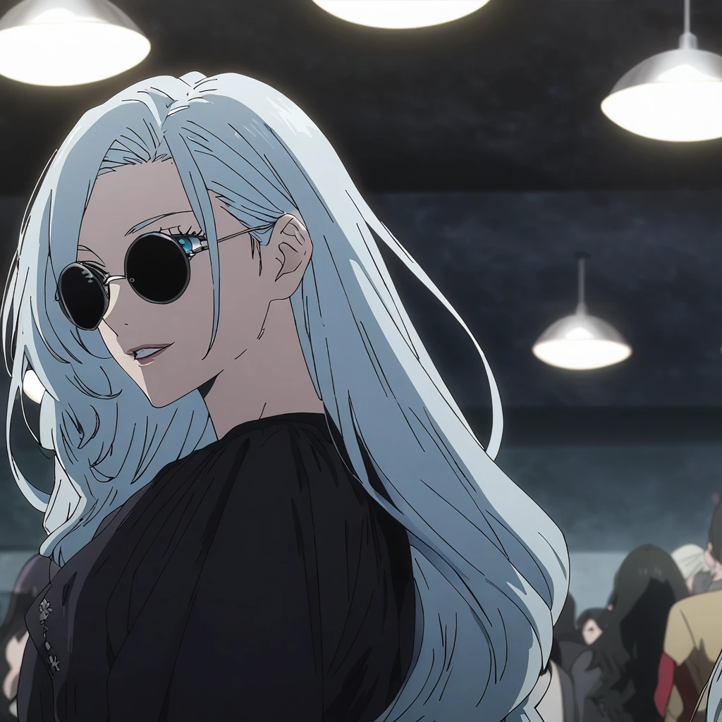 1girl, female gojo satoru, anime screencap from jujutsu kaisen, gojo satoru female version, solo, long_hair, ((Blue eyes, black round sunglasses)) ((Silver_hair, hair over ear from one side))((slicked hair)) , night view, upper_body, smile,party hall, parted lips, (long hair) ((wearing black colour prom night outfit)) br "very detailed and high resolution" (Blue eyes, round sunglasses) ((solo)) (((front view))) (black round sunglasses) ((high resolution)) ((good quality)) ((silky hair, hair over ear from one side))((hair slicked)) ((parted lips)) ((shot from behind))