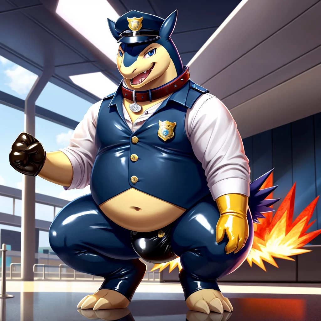 Solo, Male, fat, squatting, extremely obese, gentleman, dapper Typhlosion, pooping in diaper, blue eyes, (soft shading), 4k, hi res, ((detailed face, detailed)), looking at viewer, evil grin, Airport, TSA, TSA Uniform, collared shirt with buttons, hat, male focus, Police Uniform, glasses, monocle, vest with buttons, sleeves rolled up, round eyewear, headwear, vest, Typhlosion is wearing a glossy leather dog collar around the neck, Typhlosion is wearing the leather collar and shirt and vest at the same time, Typhlosion is wearing glossy white rubber gloves on the hands, wearing white rubber gloves on the feet, gloves are rubber in texture, mouth wide open, evil laugh, clenching fists, leather collar is glossy and shiny with a lot of detail, Typhlosion is wearing gloves and leather collar at the same time, leather collar has a round dog-tag, leather collar is thick and detailed, white rubber gloves on the feet, Typhlosion is wearing gloves and leather collar at the same time, leather collar has a round dog-tag, leather collar is thick and detailed, leather collar is glossy and shiny, fancy clothing, dapper vest, dapper shirt, leather collar is thick, glossy leather collar, Typhlosion is wearing a dirty diaper