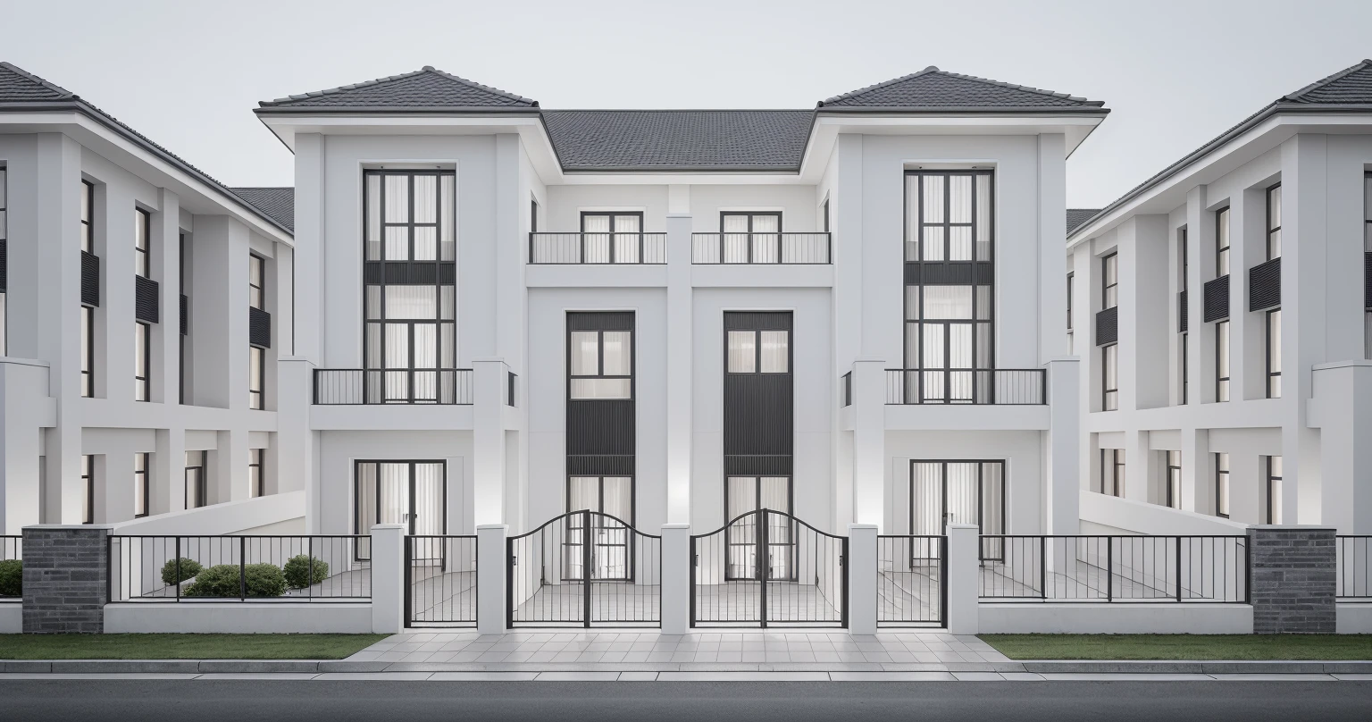 RAW photo,Exterior neo classic house, neo classic style, black and white,  French style roof, townhouse in residential area, mix white and black steel facade, facing the road, (sidewalks), (sidewalk trees), (gate), (ultra realistic), (super high details:1.5), clean white sky, natural lighting, (curvilinear architecture:1.2), (sharpen:1.2), 8k uhd, dslr, soft lighting, high quality, film grain, Fujifilm XT3