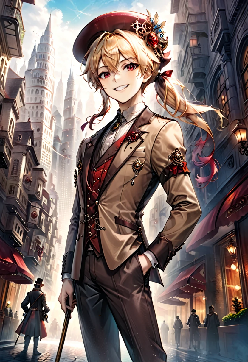 One young boy, red ruby eye, beautiful face like girl, ponytailed blonde, in noble suit. City background. Hat. Cane. Noble. Smile