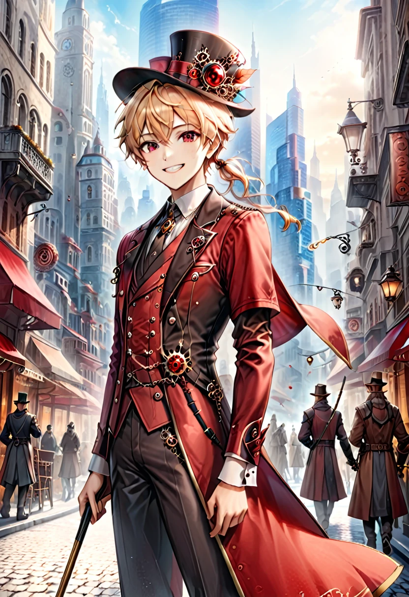 One young boy, red ruby eye, beautiful face like girl, ponytailed blonde, in noble suit. City background. Hat. Cane. Noble. Smile