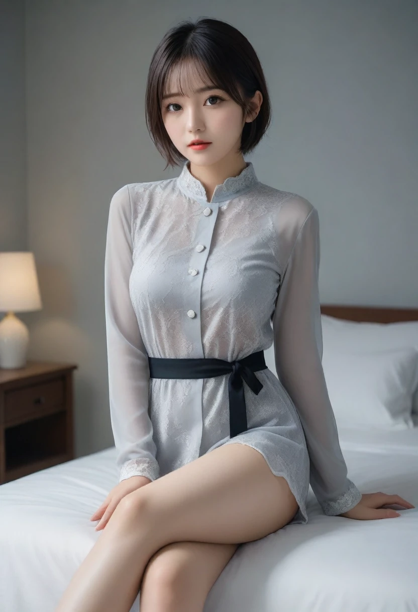 8k, Ultra-high resolution, Highest quality, masterpiece, Rule of thirds photograph,surreal, photograph, 1 Girl, (:1.3), pretty girl, Cute Face, Beautiful eyes in every detail, Detailed,masterpiece,One Girl:1.2, Japan Female Announcer, from below,sad,streaming tears,Black short hair,Messy hair,(black suit:1.3),mourning clothes,(Impressionist Portrait of a Beautiful Girl), (Gray background:1.3),(Impressionist light and colour),Realistic Skin, Perfect and beautiful face ,Perfect and cute face, Skin with attention to detail, Perfect limbs、Narrow waist,Looking at the audience、beauty,Long neck,clavicle,(((Ideal body type))), big pretty breasts :2,Portraiture:2,Perfect Anatomy,Vividly detailed,detailed,surreal,Light and shadow,spotlight, beautiful legs, exposed shoulders, exposed waist, exposed thighs, white color sexy cheongsam pajamas, on the bed, night, warm light