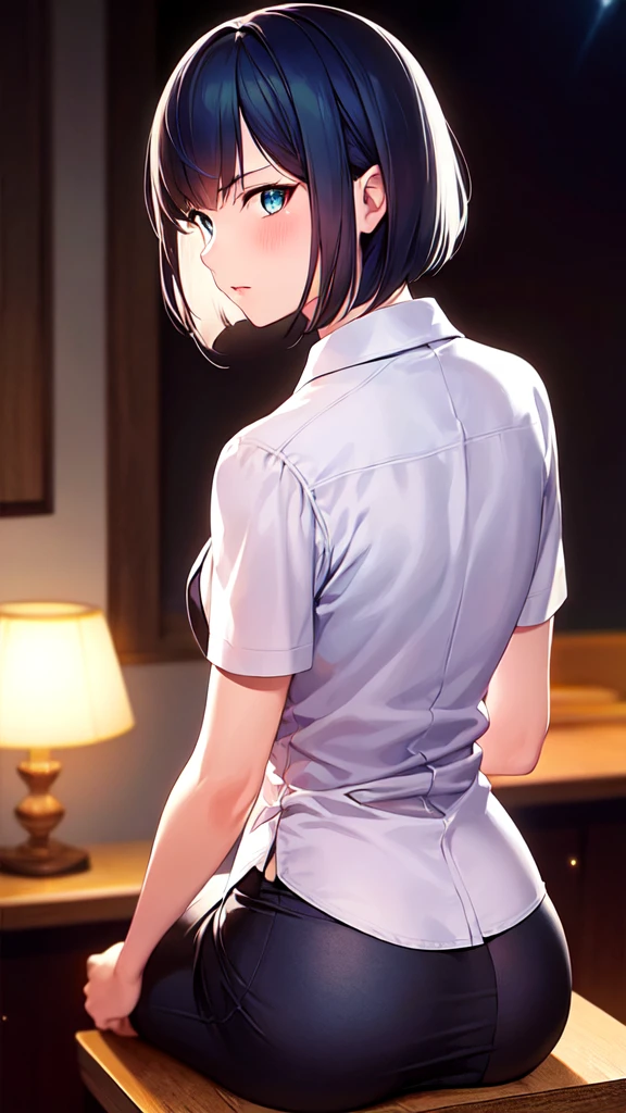 photo of mlp Meowko, RAW, beautiful woman, ((portrait)), ((detailed face:1.2)), ((anime face, anime facial feature, clear skin, glossy anime lips, clear skin), (short messy lesbian haircut, brunette: 1.55), (perfect proportioned body, Strong, muscular, narrow waist, narrow hips, skinny, large breasts), arched back (wearing a short sleeve button down white blouse, unbuttoned, (short pleated skirt pink:1.15), school girl uniform, (detailed living room background:1.1), on a couch, chilling, (realistic photo, best quality, detailed), (8k wallpaper), (cinematic lighting, beautiful light, (night:1.3)) (sharp focus, intricate)