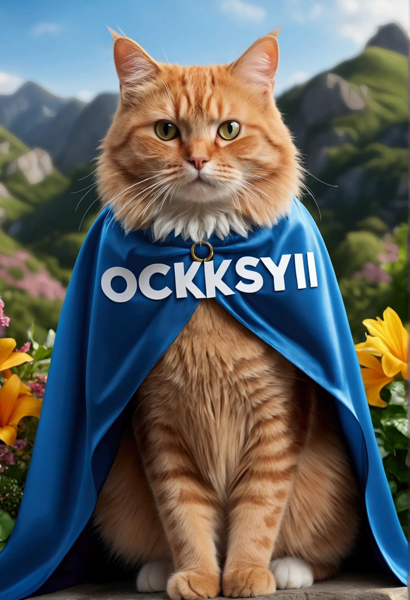 (best quality,4K,8k,A high resolution,master part:1.2),ultra detail,(Realistic,photorrealistic,photo-realistic:1.37),a cat wearing cape, (written "OCKSYI" on the cape). mountain garden background