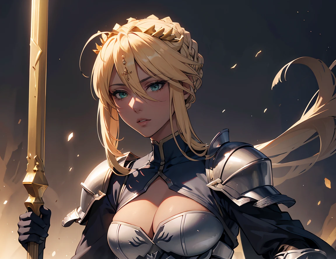 Artoria Lancer, Mulher Madura, elegante, cabelo loiro, olhos verdes, Curvilíneo, coroa, Ombro nu, tronco, Resolução 4k, alta qualidade, Hyperresolution,accuracy,Detailed rendering,(Subtle facial image)(Image of fine hair)(topquality)(Masterpieces of masters)(High degree of completeness)(A sense of atmosphere)tmasterpiece,Super detailed and super detailed(portrait), long blonde hair, (((twin braids)))(((ANKLE LENGTH HAIR))) (((Sakimichan))) (((blonde)))((Armor)) ((Halberd))) (((warrior))) (((darker skin)))
