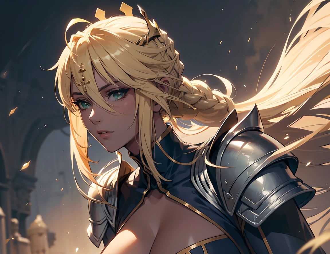 Artoria Lancer, Mulher Madura, elegante, cabelo loiro, olhos verdes, Curvilíneo, coroa, Ombro nu, tronco, Resolução 4k, alta qualidade, Hyperresolution，accuracy，Detailed rendering，（Subtle facial image）（Image of fine hair）（topquality）（Masterpieces of masters）（High degree of completeness）（A sense of atmosphere）tmasterpiece，Super detailed and super detailed（portrait), long blonde hair, (((twin braids)))(((ANKLE LENGTH HAIR))) (((Sakimichan))) (((blonde)))((Armor)) ((Halberd))) (((warrior))) (((darker skin)))