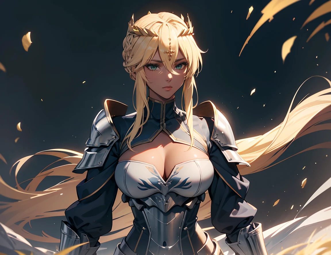 Artoria Lancer, Mulher Madura, elegante, cabelo loiro, olhos verdes, Curvilíneo, coroa, Ombro nu, tronco, Resolução 4k, alta qualidade, Hyperresolution,accuracy,Detailed rendering,(Subtle facial image)(Image of fine hair)(topquality)(Masterpieces of masters)(High degree of completeness)(A sense of atmosphere)tmasterpiece,Super detailed and super detailed(portrait), long blonde hair, (((twin braids)))(((ANKLE LENGTH HAIR))) (((Sakimichan))) (((blonde)))((Armor)) ((Halberd))) (((warrior))) (((darker skin)))