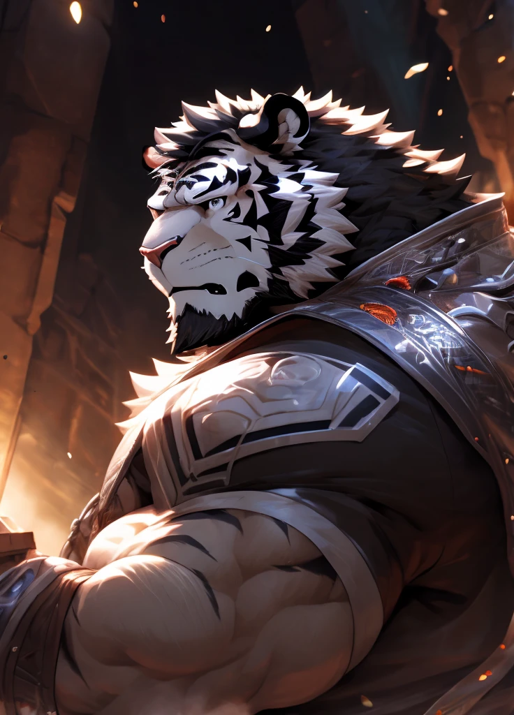 human nature((dramatic))epic, Dynamic poses, Dynamic Angle, A scene, Extreme perspective and strong composition, ridiculous, (Very detailed), Clear focus, Genji, Eye, black Eye, hairy, White fur, Black and White fur, black beard, Black Hair,human nature (White Tiger), male, middle aged, White body, White belly, muscular ,Very detailed face, (delicate Eye), 1 boy, Dark cave interior background,(Dark and damp 1.2),Silver Armor,(Messy 1.4),((Holding mobile phone 1.4)),(1.2)Motion Blur, (best quality), (masterpiece), High Detail, high quality, The award-winning, high resolution, HD, 16K
