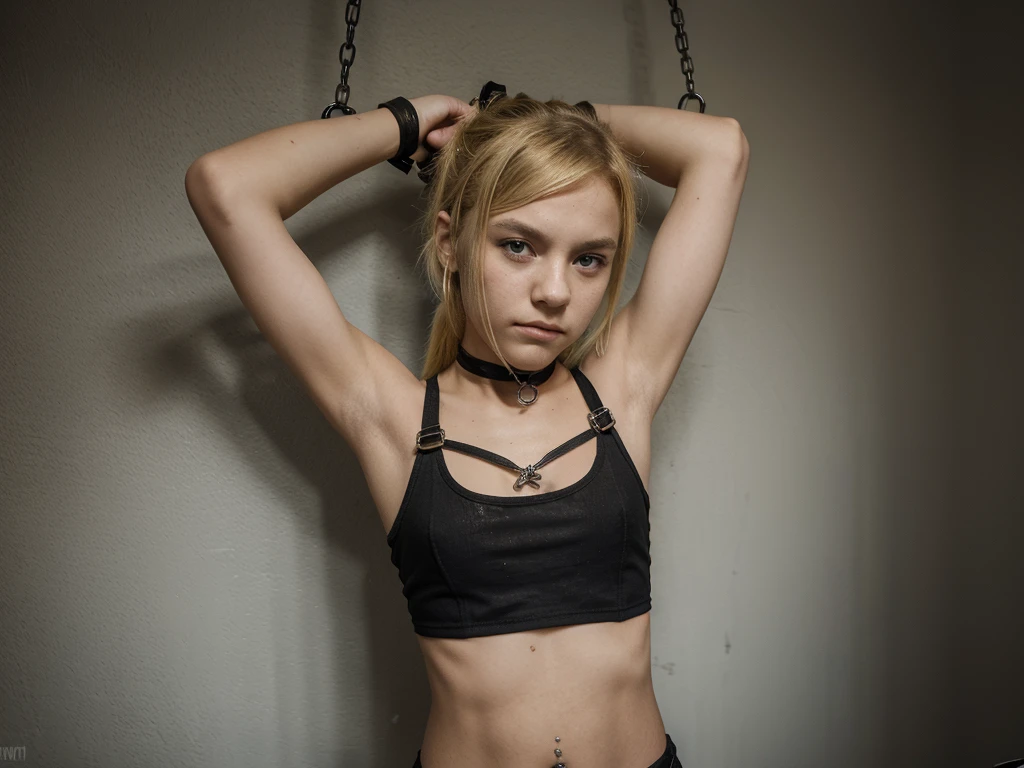 10 year old skinny cute girl, dyed blonde hair, gothic, metal music, arms tied up, armpit, flat chested, bdsm, handcuffs, tank top, she is tied up in a fucking position, very young