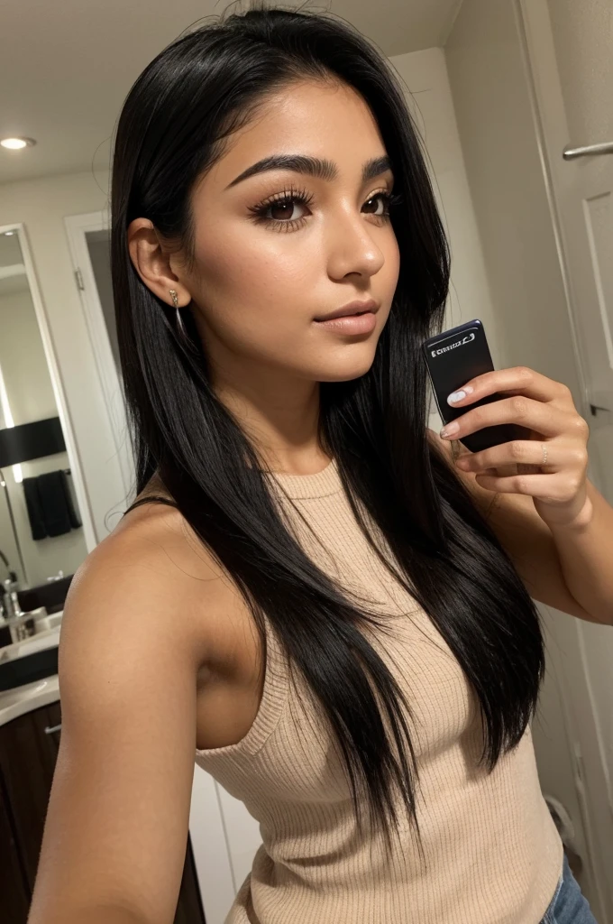 She takes a selfie. She is holding her credit card in her right hand. A beautiful young woman in her twenties, with Latino features. She has long, straight black hair that falls loosely over her shoulders. Her face has soft and balanced contours. She has large, well-defined dark brown eyes with long, thick eyelashes and well-arched black eyebrows. His nose is straight and slightly refined, proportionate to his face. Her lips are full and defined, with a natural color, and they are closed, contributing to her neutral expression. Her skin is matte, smooth and without visible imperfections. She is dressed properly.