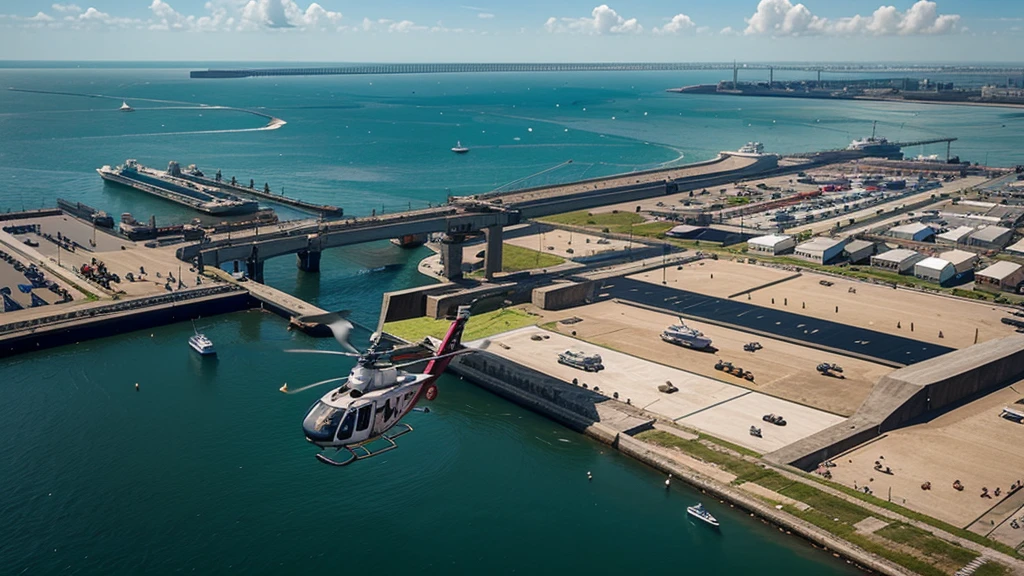DRAW A PICTURE OF A HELICOPTER ATTACKING THE PORT IN THE DAY