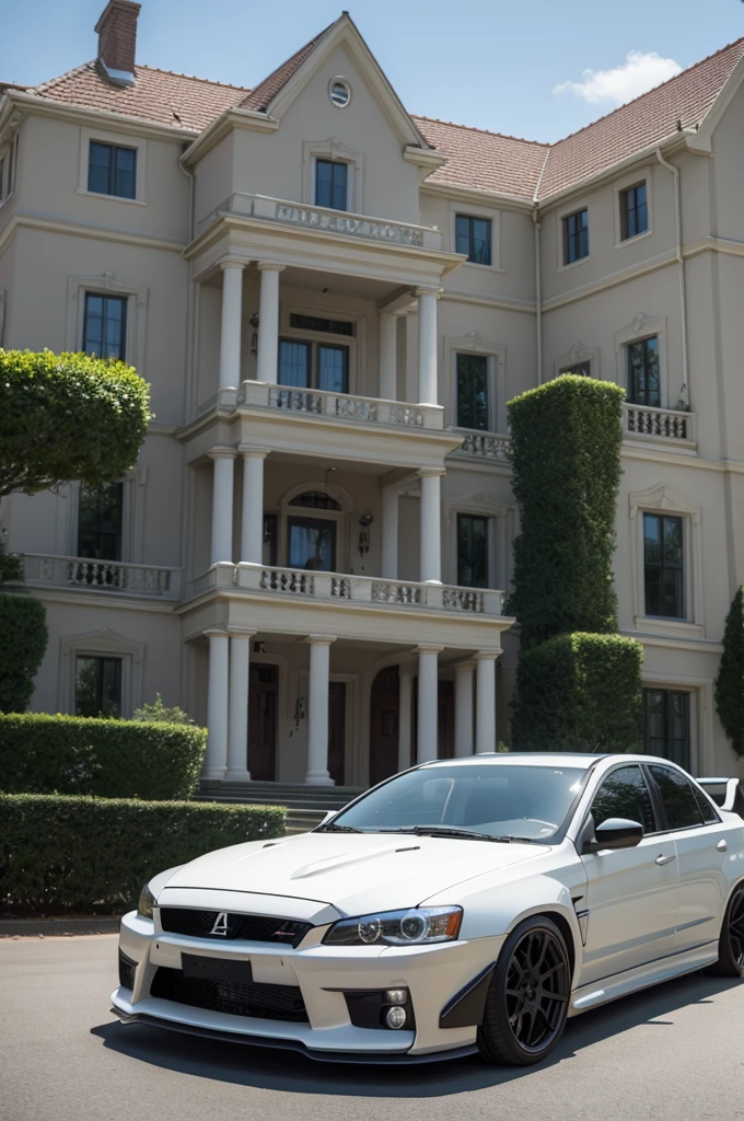 A Lancer Evolution 10 in front of a mansion 