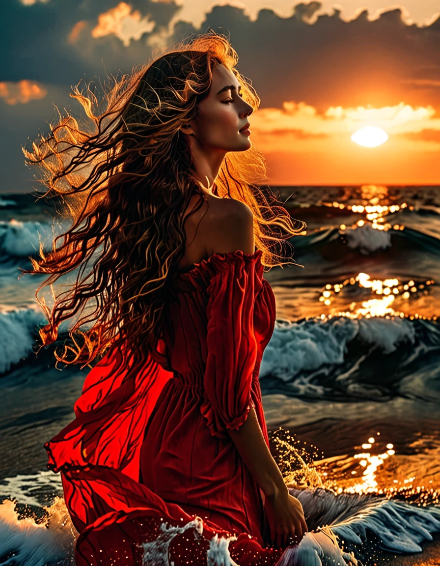 masterpiece,high quality,best composition,summer sunset,one woman standing in the waves,beautiful woman,best style,red dress,looking at the sea,long hair blowing in the wind,face slightly reddened by the sunset,close-up of woman.