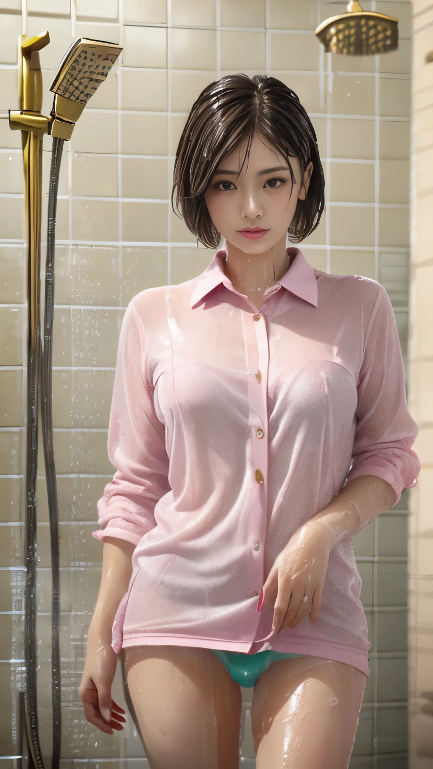 wearing clothes, (At SFW), (1 girl:1.3), (((In a dark and gloomy world))), shot above the knee, cowboy shot, Viewers are looking up, Japanese, 17 year old supermodel, thin, high school girl, Unlit shower room:1.3, (((Take a bath in your shower room at home:1.7))), I take a shower, (Are standing:1.37), (looking at the viewer:1.37), (highest quality:1.4), 32K resolution, (realistic:1.5), (Ultra-realistic:1.5), High resolution 32k UHD, (masterpiece:1.2)), (Improvement of quality:1.4), (very beautiful facial details), (Highest quality realistic skin texture:1.4), (wet skin, wet clothes, wet hair:1.5), (perfect anatomy:1.2), (((school uniform, patterned ribbon tie, Pink collared shirt:1.15))), ((panties)), No skirts, Do not emphasize the top of the bust, (Tiled shower room:1.1), precise fingers, Super detailed, symmetrical eyes, ((view audience)), natural makeup, ((A good eye for quality:1.2)), (tired, sleepy and satisfied:0.0), (fine lips:1.33), (fine nose:1.2), Medium chest, (flat chest:1.05, thin lower body), brown hair, (Handsome bob cut hair:1.37), rape face, Depth of written boundary, carl zeiss, 85mm f/4, 