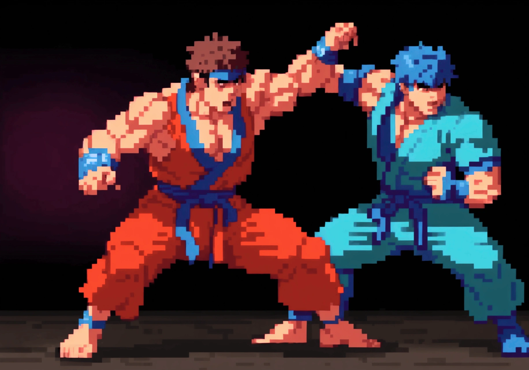 a ryu and ken from street fighter fighting in mortal kombat,highly detailed,masterpiece,realistic,photorealistic,vibrant colors,dramatic lighting,cinematic composition,action pose,intense expression,muscular bodies,dynamic movement,gritty textures,neon lights,moody atmosphere,ultra-detailed,4k,8k