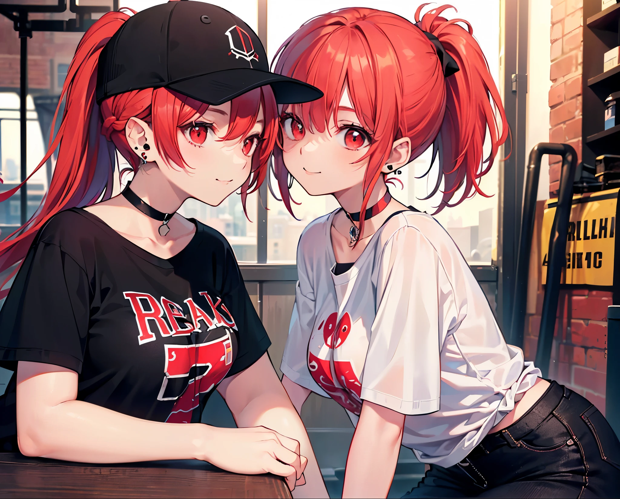 (Close-up:1.3),Realistic,Highest quality, Ultra Detail, High-quality CG rendering, The most delicate and beautiful, Floating softly, High resolution, (1 girl), (Highest quality,4K,8k,masterpiece:1.2),(All red hair:1.5), (ponytail:1.5),(Red eyes:1.5),(Slightly larger breasts:1.2), (Oversized black short sleeve t-shirt:1.3),(Black skinny jeans:1.3),(Black baseball cap:1.3),In the city,old buildings,Narrow back alley,Are standing,smile,(Piercing in left ear:1.3),(Pitch black choker:1.5)