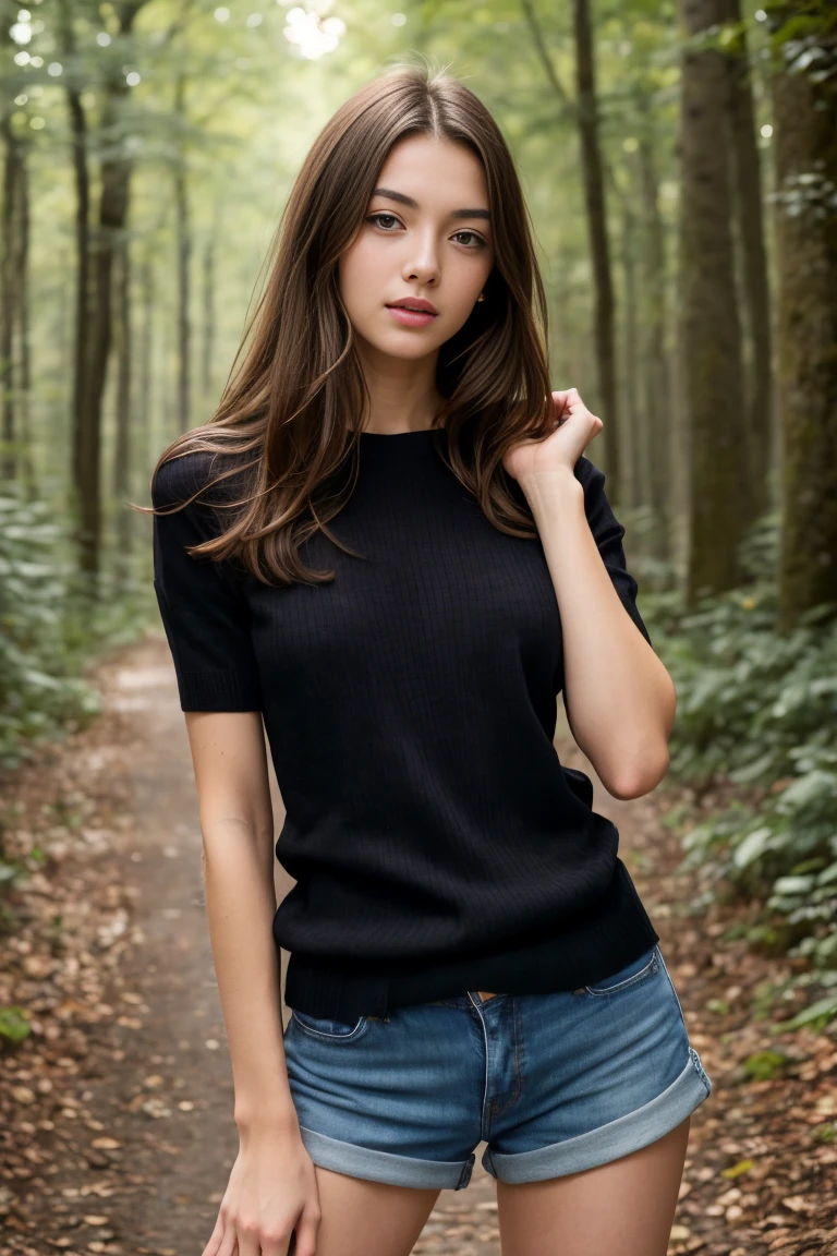 (bestquality,realistic:1.2),(brunette hair:1.1),(French:1.1),(sexy:1.1),(slim figure:1.1),(18 years old:1.1),(handcuffed:1.1),(black short sleeve sweater:1.1),(rolled-up sleeves:1.1),(hands up:1.1),(visible legs:1.1),(open mouth:1.1),illustration,forest,detailed eyes,detailed lips,high definition,professional lighting,vivid color