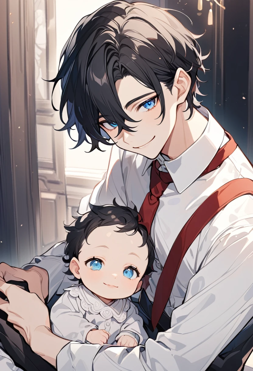 alone, elegant, 1 teenager boy with black hair and white hair., half and half, short hair, blue eyes, detailed, White shirt, Red tie, 1 little baby, Adorable baby, baby clothes, baby with black hair, Siblings, smile, ojos detaileds, gentle