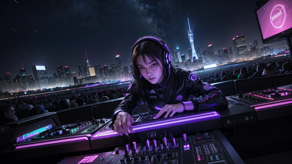 /imagine A hyper-realistic album cover for a Trance Music 2024 CD. The scene shows a vibrant, futuristic cityscape at night with neon lights reflecting off sleek skyscrapers and busy streets. In the foreground, a DJ with headphones and a focused expression is performing on advanced turntables with holographic displays. The image is filled with dynamic energy, laser lights cutting through the night sky, and a crowd of enthusiastic fans. The overall aesthetic is ultra-modern and immersive, capturing the high energy and excitement of trance music. Title: "Trance Vibes 2024" by DJ Pulse in stylish, glowing typography. --ar 1:1 --v 5 --q 2