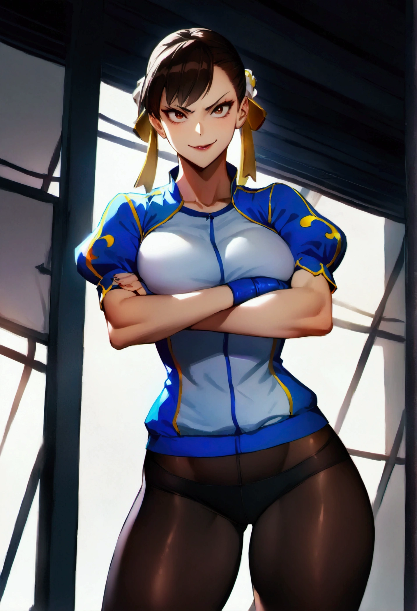 chun li,beautiful young fitness woman with , in a gym wearing May with black pantyhose, white and blue fitted gym jacket. standing alone, of hair,bright brown eyes,Evil smile,legging preto aura roxa,crossed arms