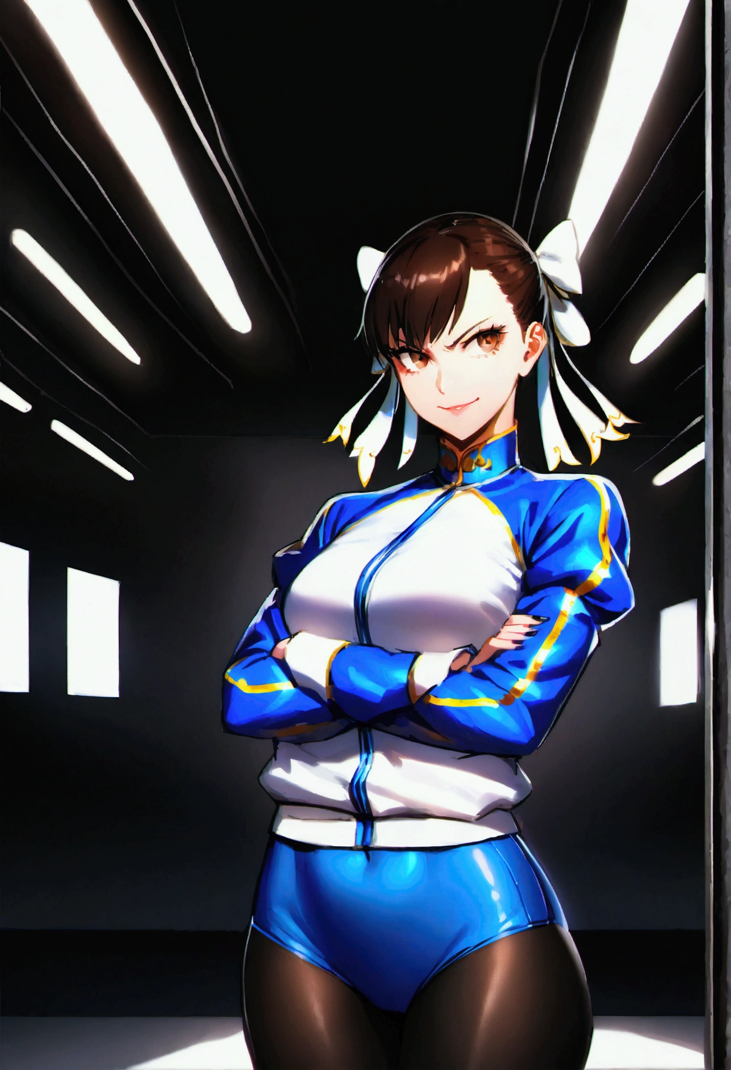 chun li,beautiful young fitness woman with , in a gym wearing May with black pantyhose, white and blue fitted gym jacket. standing alone, of hair,bright brown eyes,Evil smile,legging preto aura roxa,crossed arms