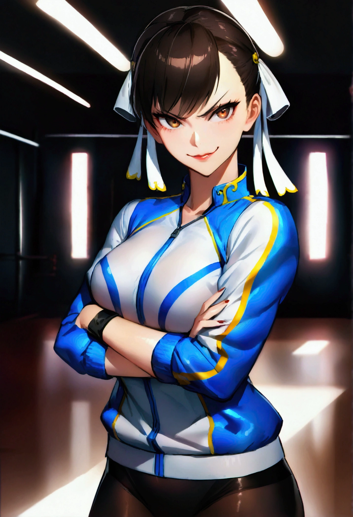 chun li,beautiful young fitness woman with , in a gym wearing May with black pantyhose, white and blue fitted gym jacket. standing alone, of hair,bright brown eyes,Evil smile,legging preto aura roxa,crossed arms
