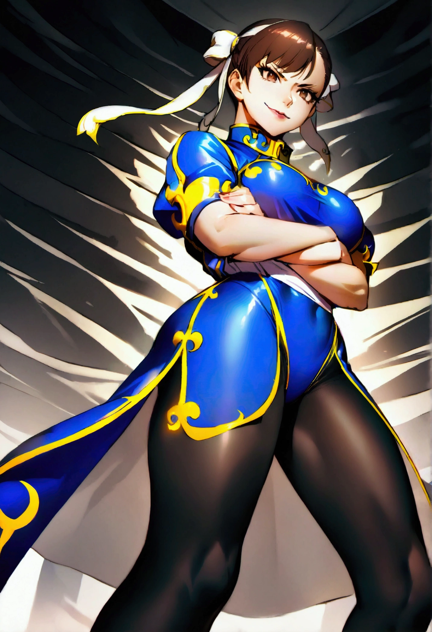 chun li,beautiful young fitness woman with , in a gym wearing May with black pantyhose, white and blue fitted gym jacket. standing alone, of hair,bright brown eyes,Evil smile,legging preto aura roxa,crossed arms
