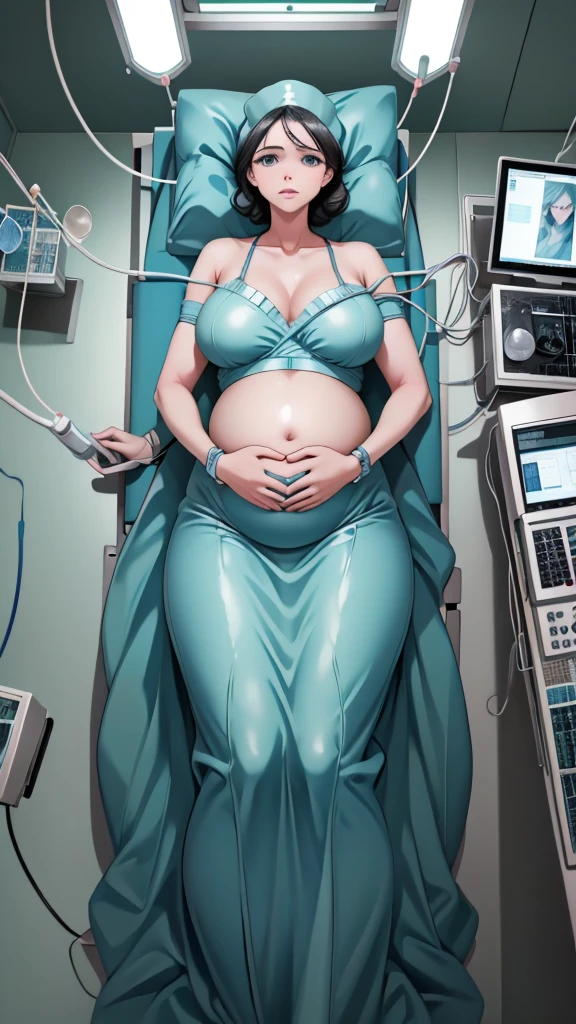 (give a score of 9_give a score of 8_give a score of 7),
source_anime, masterpiece, raw image, highest quality, best quality, view from top down, see the whole body, surgical lamps shine from the ceiling,
1 women, solo, in one hospital, in the operating room, a pregnant woman, about  pregnant, pale skin, open her belly, her stomach was revealed, a pregnant woman has a radiant, wrinkle free stomach, she had a look of pain and suffering on her face, frown, surgical cap, lying on the operating bed, lie on your back, lying with arms spread out, spread your arms out, There was a wristband on her wrist, wide, bare stomach, the skin of the abdomen is bright, show your belly, look at her pregnant belly, saw a pregnant woman's navel, cloth covering both legs, big breasts, long slender beautiful legs, don't put your hands on your stomach, she had abdominal pain and was about to give birth, She was about to give birth, she is giving birth, she had a difficult birth, she waited for the doctor to come and give birth to her, a scene in the operating room shows a pregnant woman suffering from a difficult birth, the fetus moves, The  in her womb was struggling,