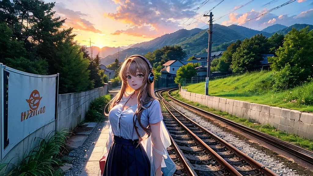 1 beautiful girl wearing headphones standing on the train tracks, with signs, landscape artwork, background art de anime, arte loepfe, detailed scenery – width 672, landscape artwork detalhada, arte loepfe style, beautiful anime landscape, made with anime painter studio, background art, anime country landscape, Bela arte UHD 4K, 8K anime art wallpaper, anime landscape