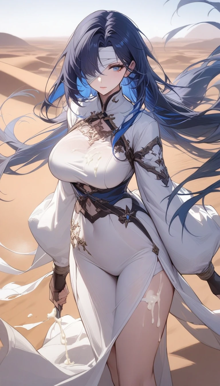 masterpiece, best quality, very aesthetic, absurdres, 1girl, mature_lady,white_dress,(cum_on_body:1.2),,cang_yue_(tou_xing_jiuyue_tian), blue_hair,expressionless, floating_hair, long_hair, bandage_over_one_eye, ,in desert,gorgeous Fireworks in sky,