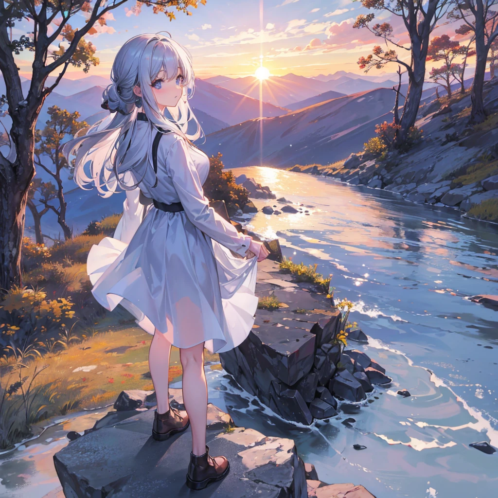 Standing on the mountaintop with the setting sun at my back,A girl with a glass body and hair that reflects light