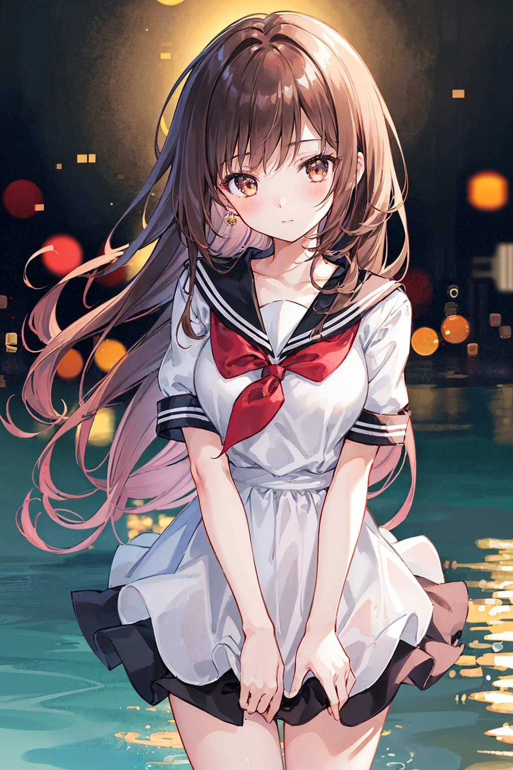 One girl, high school girl, Long Hair, Brown Hair, Sailor , Brown eyes, White Background,Lonely look,((Highest quality)), (Very detailed), (High-definition CG synthesis 8K wallpaper), 高いly detailed, 高い-definition raw color photos, Professional photography, (((Bokeh))), Written boundary depth,,