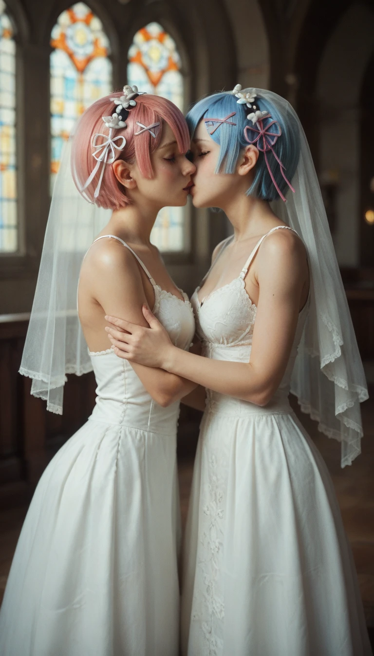 18 year old tween girls, two close friends, kneeling on bed together, cut out dress, perfect young models, colored hair, kawai cosplay girls, colored short dresses, dress with straps, choker, skinny body, innocent playful, garter with stockings, good lighting, glasses, bright playful, thin model, beautiful young teenls, tattoos, silk panties, dress with cutouts, sensual, shibari, orgasming