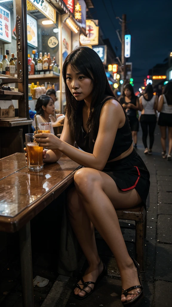 Night life has Thai-Chinese looking women sitting on the roadside drinking alcohol."alone"