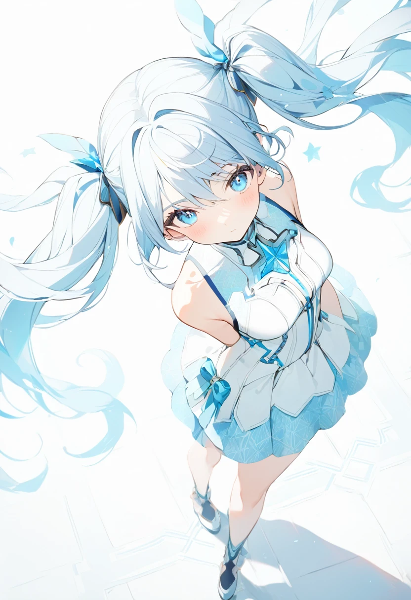 Blue Star,Twin tails,Top view,Standing on a white floor,Blue light pattern