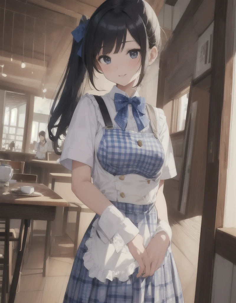 (anime), ((extremely detailed 8k illustration)), highres, (extremely detailed and beautiful), ultra detailed painting, professional illustrasion, Ultra-precise depiction, Ultra-detailed depiction, (beautiful and aesthetic:1.2), HDR, (depth of field:1.4), professional illustrasion,
A coffee shop in the cooler fall weather.,
Today, too, I enter the store in search of my morning cup of coffee.,
A girl in a uniform welcomes me again today.,
(girl), (teenage), (highly detailed beautiful face and eyes,big breasts firm breasts), oily skin, ((black hair,black eyes,short bob with short pony tail hair)), thin pubic hair, cute, lovely, 14 years old, (kobeya uniform:1.3), (gingham-check suspender-apron:1.3), (solid-blue high-waist skirt:1.3), (apron over skirt:1.2), (white blouse:1.3), (double-breasted,underbust:1.2), short sleeves, button gap, (solid-blue bow-tie:1.2), smile, looking at viewer,