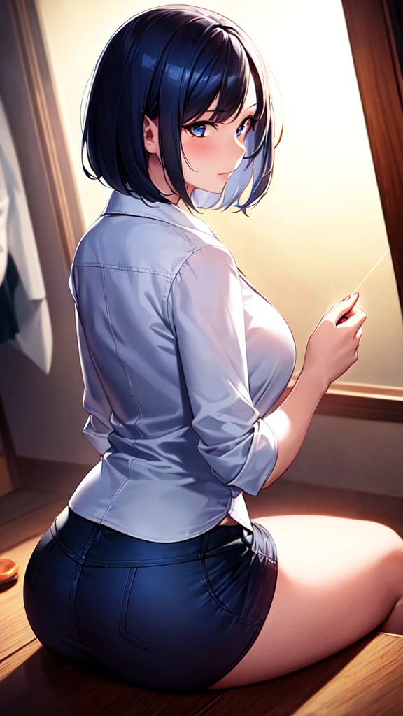 Hyuuga Hinata, teen, short hair, long sleeve white shirt, Red tie, medium breasts, lace boyshorts, black mid thigh stockings, black shoes. standing, bedroom, perfect body, perfect legs, perfect arms, perfect hands, Masterpiece, detailed, Back
