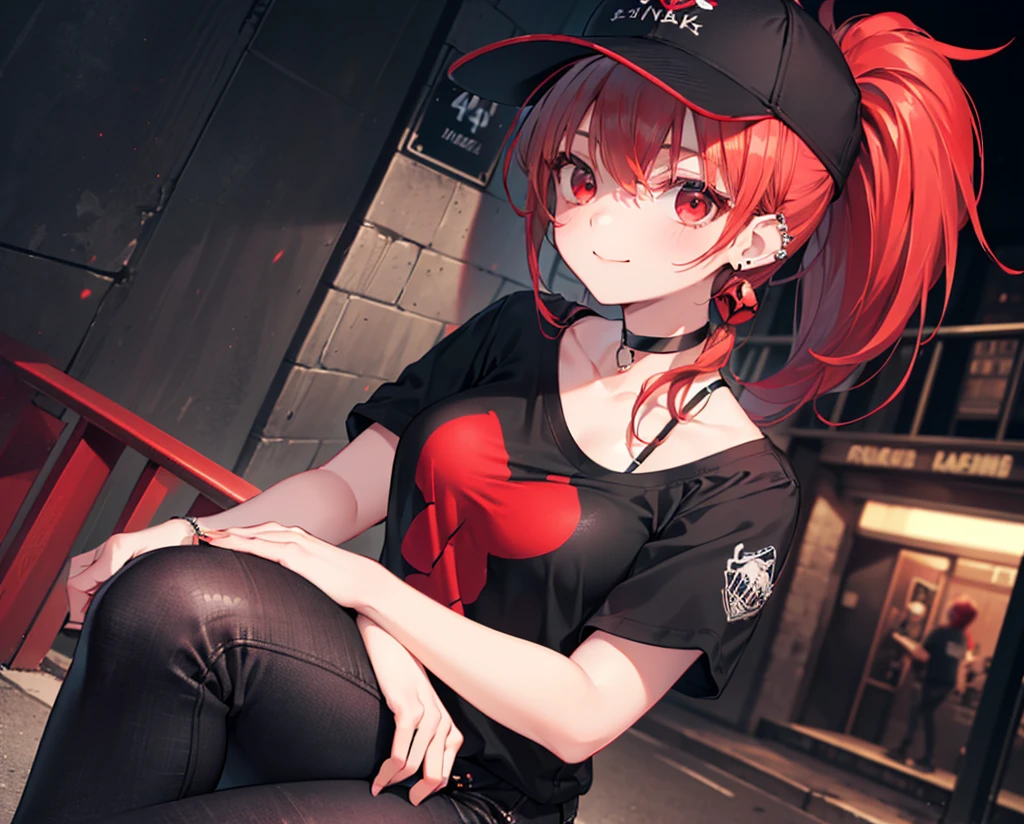(Close-up:1.3),Realistic,Highest quality, Ultra Detail, High-quality CG rendering, The most delicate and beautiful, Floating softly, High resolution, (1 girl), (Highest quality,4K,8k,masterpiece:1.2),(All red hair:1.5), (ponytail:1.5),(Red eyes:1.5),(Slightly larger breasts:1.2), (Oversized black short sleeve t-shirt:1.3),(Black skinny jeans:1.3),(Black baseball cap:1.3),In the city,old buildings,Narrow back alley,Are standing,smile,(Piercing in left ear:1.3),(Pitch black choker:1.5),Knee