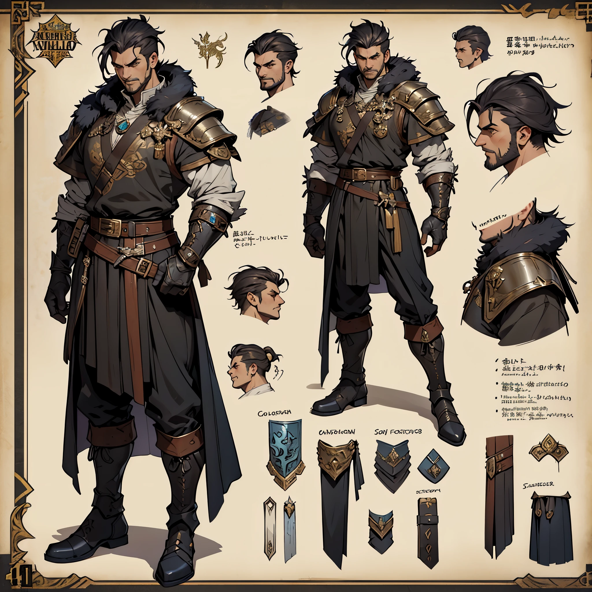 Close-up of a man in a Barbarian costume, ((character concept art)), ((Character design sheet, same character, on front, from on the side, At the back)) Character image, Medieval game character design, Medieval game character design, hair color: Black with gold parting, Age: Old, eyecolor: Black, He wears gloves on his hands, Wears boots. During the use of certain abilities, A helmet is formed on the head of a dragon. He has a code name around his neck, expert high detail concept art, Concept art of a metal bullet, Fun character design. ConceptArt, belt buckle at the waist,Medieval style weapons,A